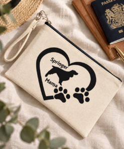 Natural canvas wristlet pouch with black Springer Mama heart and paw print design