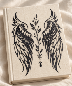 Distinct angel-wing and botanical sample in black glitter on an ivory fabric-covered book; personal quote required; book not included