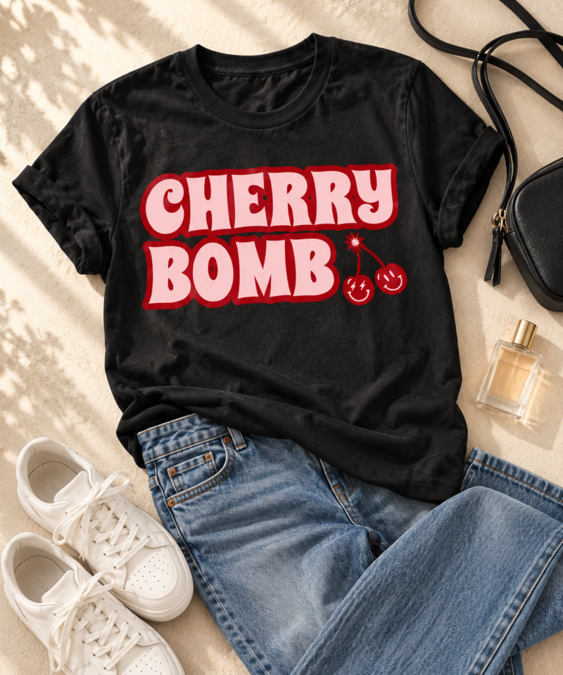 Black Cherry Bomb T-shirt styled with blue jeans, white trainers, a small black bag and unbranded perfume