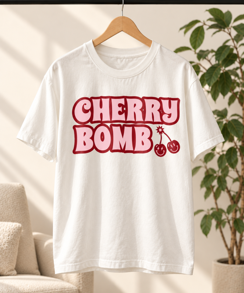 White Cherry Bomb T-shirt on a wooden hanger in a warm ivory studio