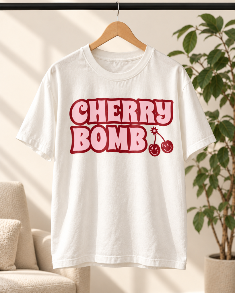 White Cherry Bomb T-shirt on a wooden hanger in a warm ivory studio