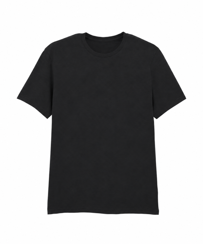 Plain black cotton crew-neck T-shirt, front view, without a visible neck label.