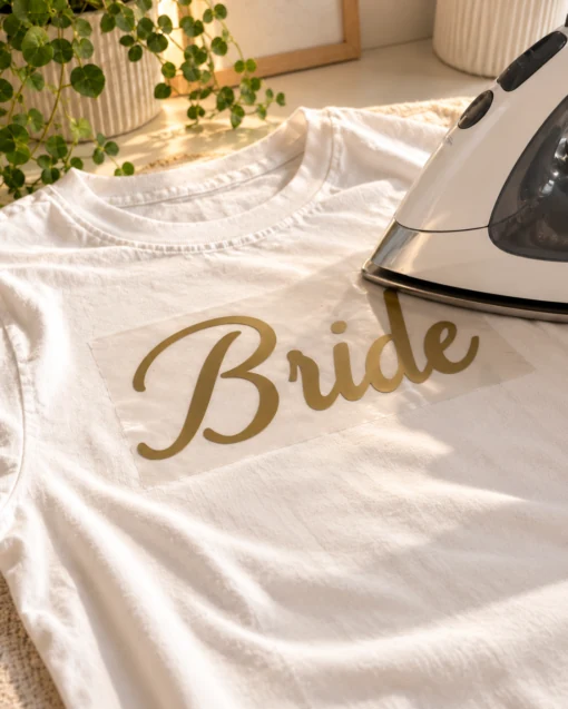 SewLottie gold Bride iron-on vinyl on a white T-shirt