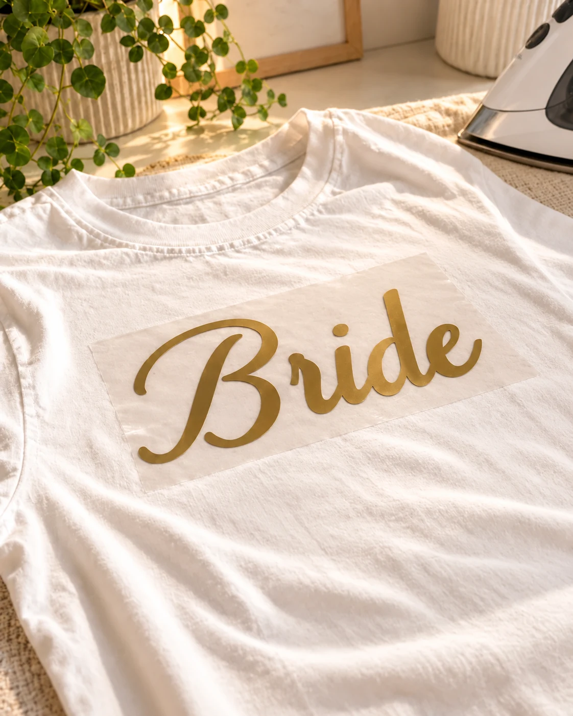 Gold Bride iron-on lettering on a white tee, showing what you can create with a clothing decal
