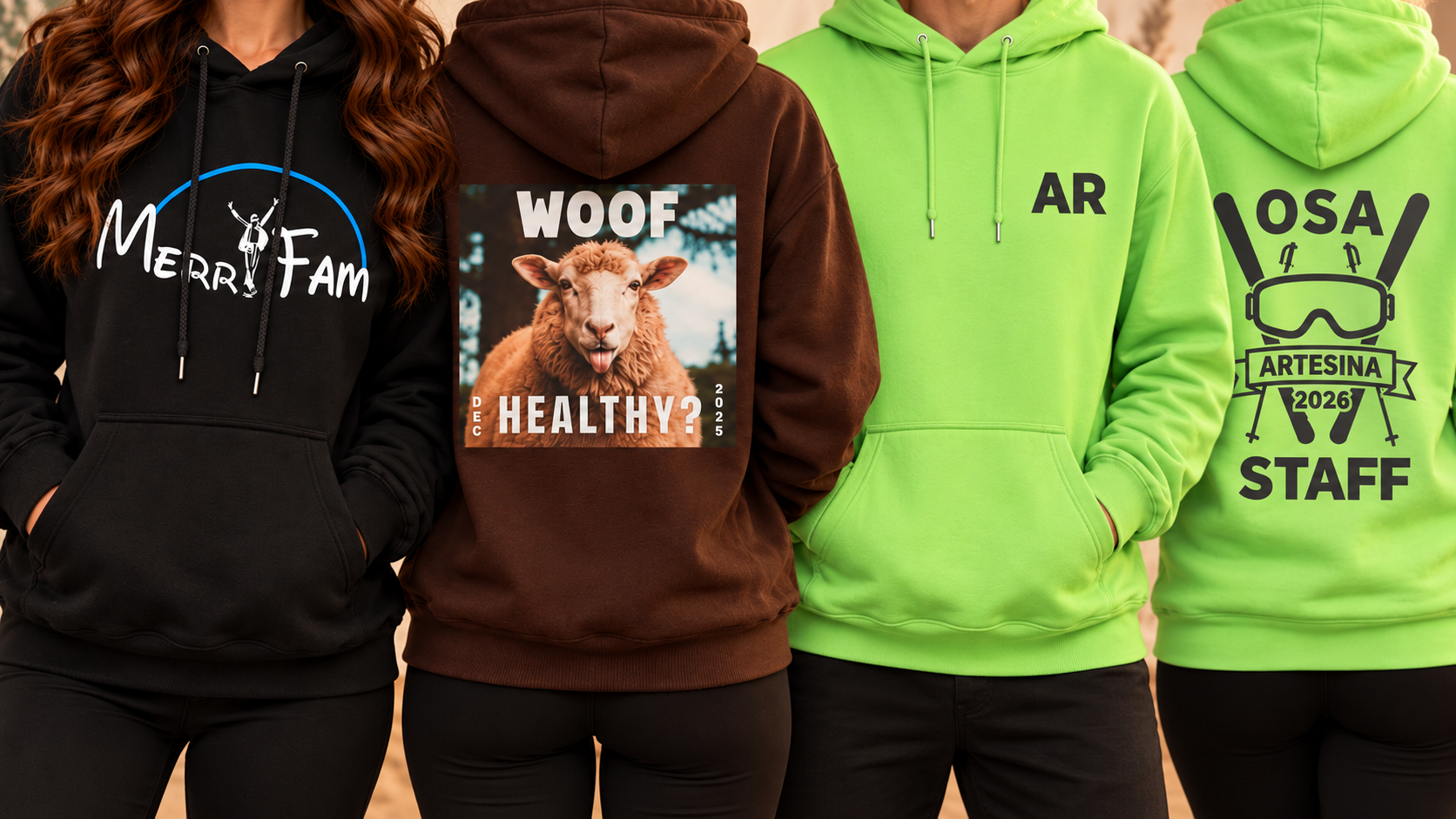SewLottie merchandise showcase: MerrFam, WOOF and OSA ski hoodies with front and back print examples