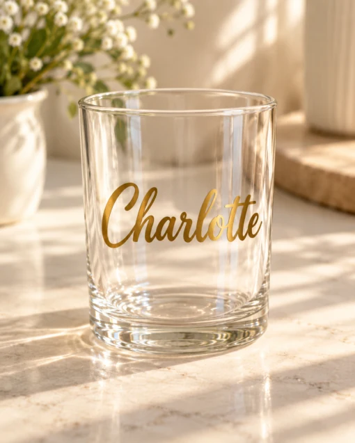 SewLottie gold Charlotte permanent vinyl lettering on a glass