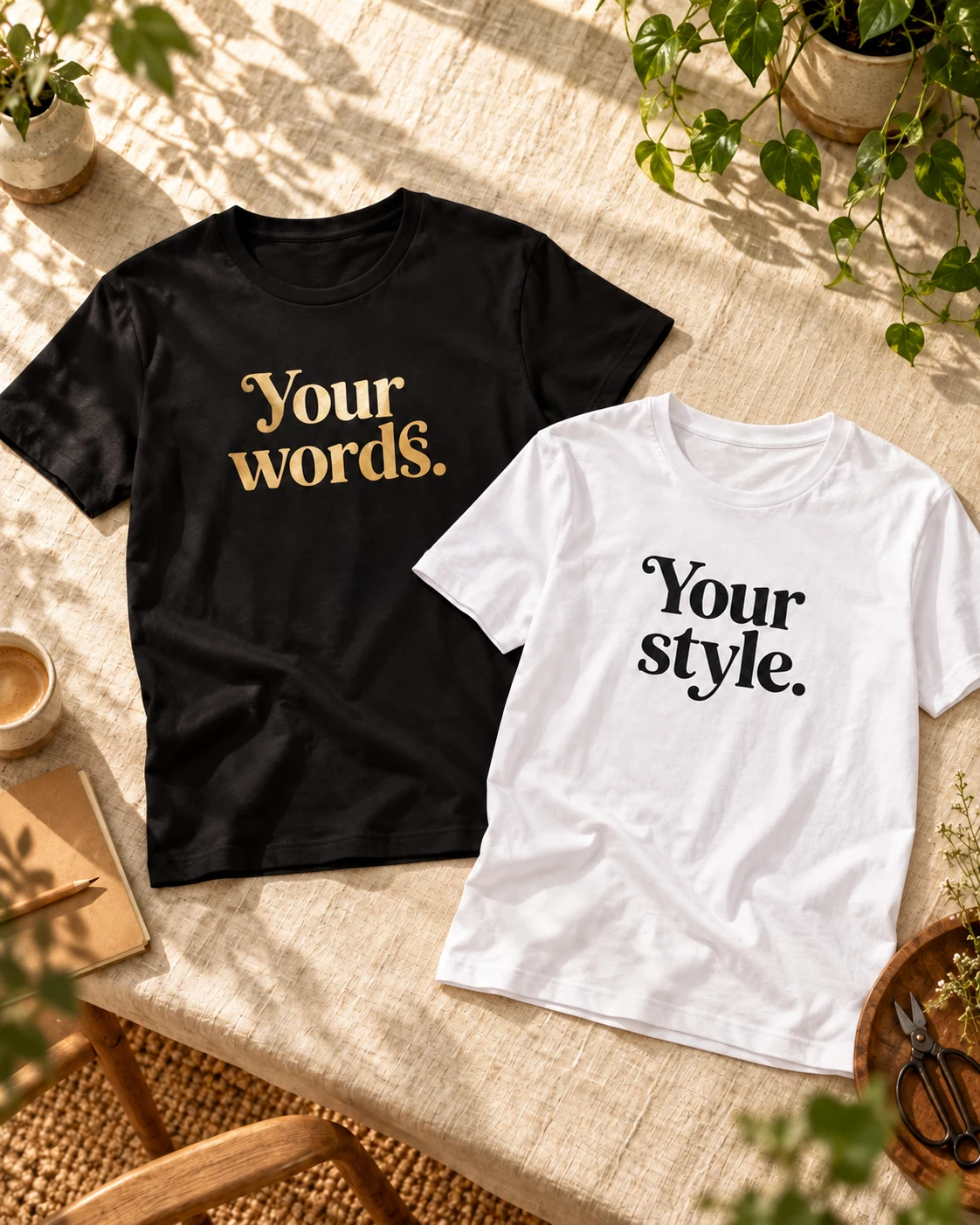 Black and white cotton tees personalised with Your words and Your style, photographed together on warm ivory linen