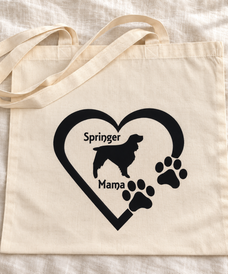 Cream canvas Springer Mama tote with black heart, spaniel silhouette and paw prints