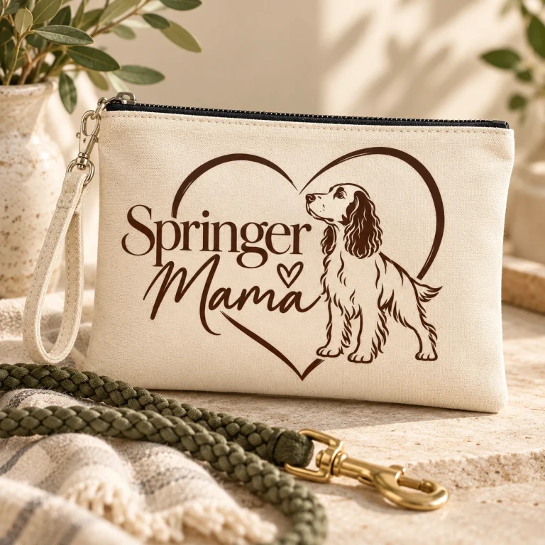 Springer Mama personalised canvas wristlet pouch with Springer Spaniel design.
