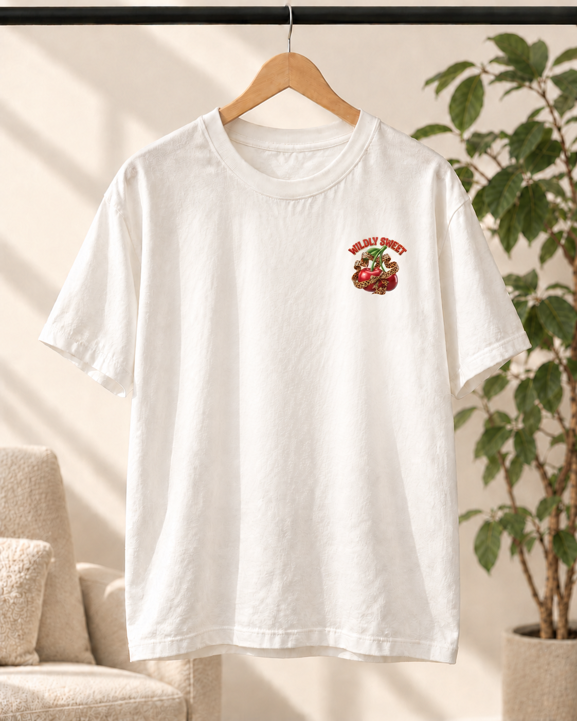 White Wildly Sweet tee with a small left-breast cherry and leopard ribbon print on a wooden hanger in an ivory studio